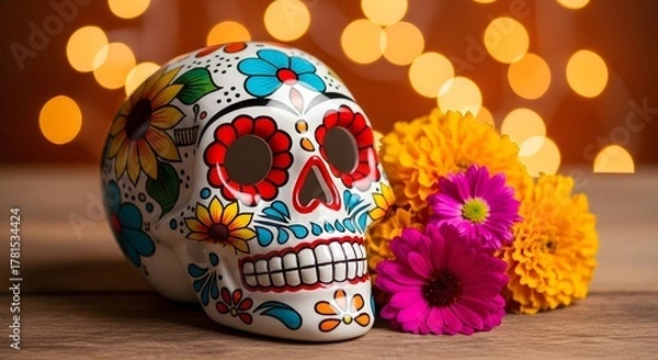 Obraz Colorful Sugar Skull (Calavera) with Marigold and Magenta Flowers, Bokeh Lights for Dia de los Muertos Celebration