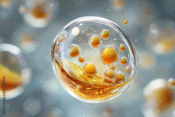 Obraz A large transparent droplet encapsulating swirling golden liquid and many small amber pearls suspended within a glistening light blue liquid environment