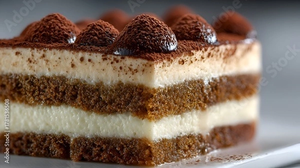 Obraz Delicious tiramisu slice with cocoa powder topping sits on a white plate ready to be enjoyed for dessert.
