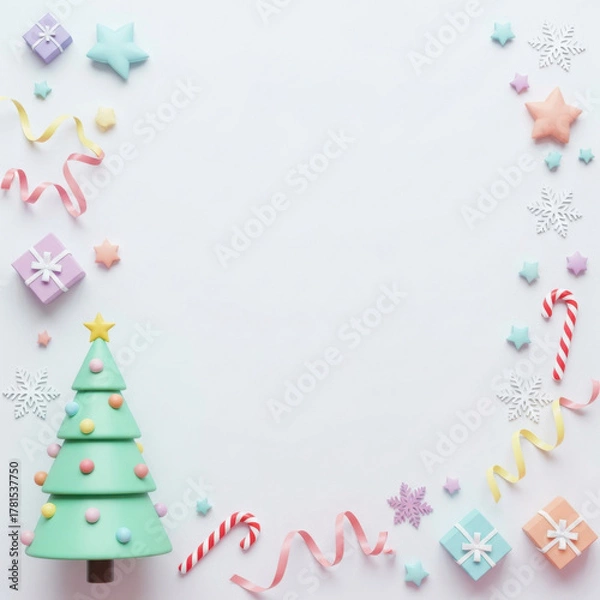 Fototapeta A Festive 3D Render Displays Pastel Christmas Tree Gifts Stars Snowflakes Candy Canes And Ribbons On A Transparent Background