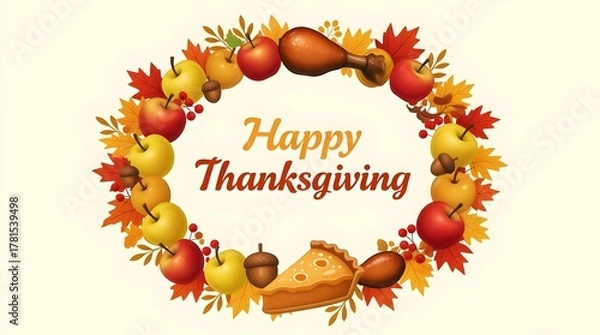 Fototapeta Happy thanksgiving wreath with apples, acorns, pie, chicken and autumn leaves isolated on white background perfect for greeting cards, invitations, posters