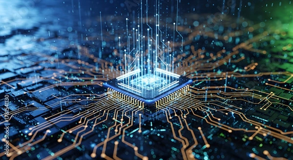 Obraz Digital Processor Conceptual Illustration of Computer Chip with Data Flow Lines