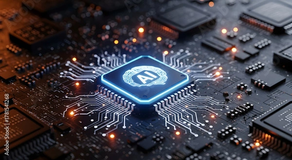 Obraz Illuminated AI Processor on Circuit Board Symbolizing Advanced Computing and Machine Learning Innovation in Digital Technology and Future Systems