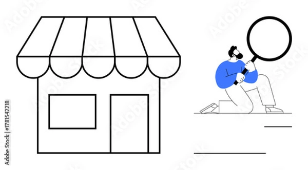 Fototapeta Storefront representing small business beside person analyzing with magnifying glass. Ideal for retail, market research, business analysis, customer discovery, sales strategy, entrepreneurship