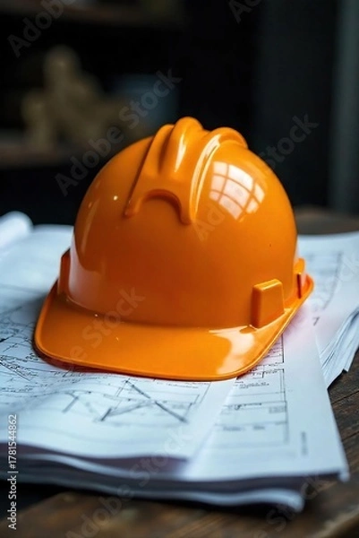 Obraz Exhausted Construction Workers Hard Hat on Blueprints  A poignant image symbolizing the demanding nature of construction work, highlighting safety, risk, and the physical toll of the job.