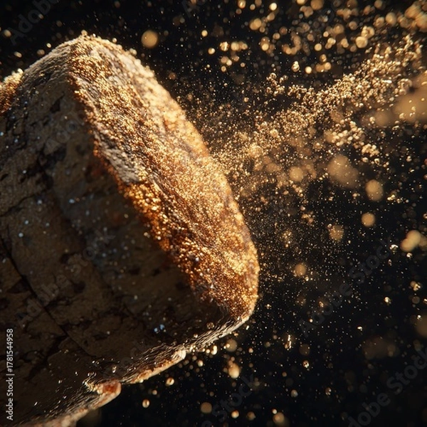 Obraz A close up of a champagne cork with particles flying off against a dark background in a studio shot
