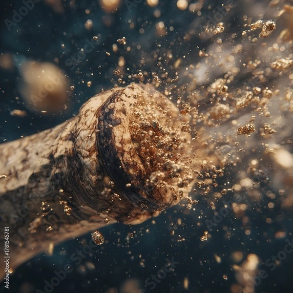 Fototapeta Close up of a champagne cork exploding with bubbles and liquid in a dark background setting scene