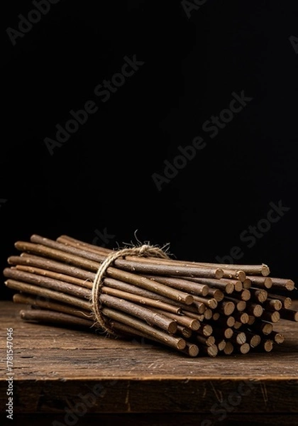 Obraz A tightly tied stack of slender wooden sticks resting on a rustic table, ready for use as kindling or crafting material ,forestry ,branches ,rustic