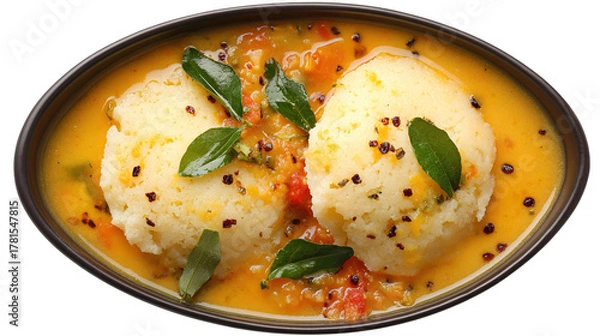 Obraz The image shows a bowl of idli sambar, a popular South Indian dish. The bowl contains several soft, round steamed rice cakes (idlis) served in a flavorful lentil-based vegetable stew (sambar). The sam