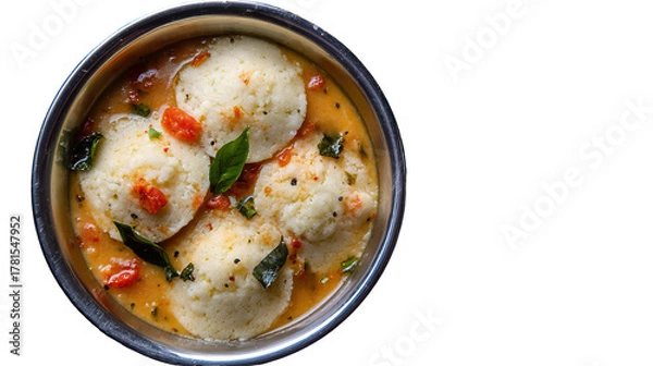 Obraz The image shows a bowl of idli sambar, a popular South Indian dish. The bowl contains several soft, round steamed rice cakes (idlis) served in a flavorful lentil-based vegetable stew (sambar). The sam