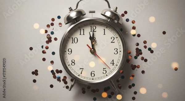 Fototapeta Vintage alarm clock strikes midnight surrounded by festive confetti and blurred bokeh lights, celebrating New Year's Eve countdown