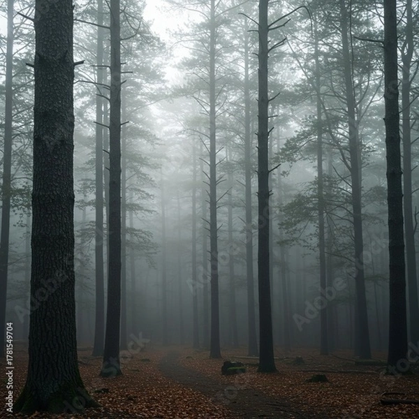 Obraz A tranquil forest shrouded in thick fog, with towering trees disappearing into the ethereal haze, evoking a sense of calm ,hazy ,scenic ,forest