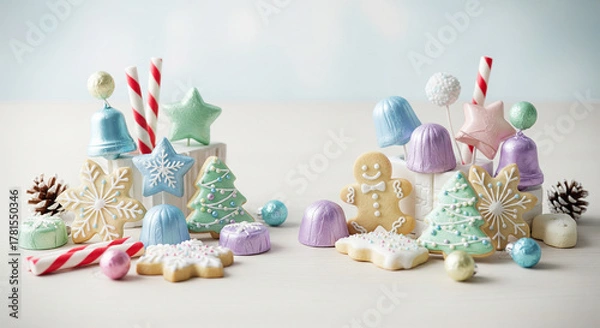 Obraz A festive assortment of pastel-colored Christmas cookies, candies, and holiday decorations on a light background.