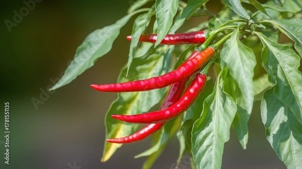 Obraz shallow. Close-up view of red chili peppers among green leaves in natural light. gardening catalogs, home-decor guides, designed for gardening and botanical catalogs, used by photographers.