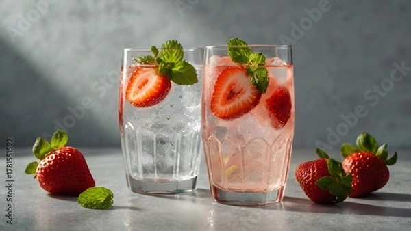 Obraz Refreshing strawberry mint sparkling water with ice in summer light