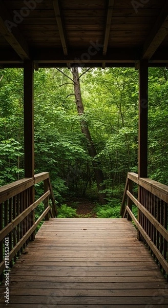 Fototapeta A tranquil wooden porch nestled deep within a lush, verdant woodland, offering a peaceful escape into nature's embrace ,peaceful setting ,forest ,wild