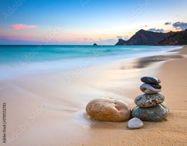 Fototapeta Serene beach scene with stacked stones, waves, and mountain backdrop