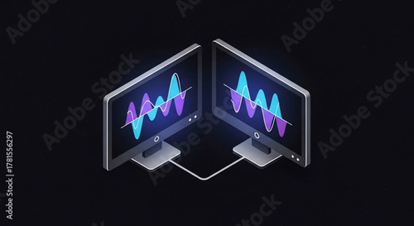 Obraz Modern Diverse Remote Team Working Illustration with Two Isometric Linked Monitors