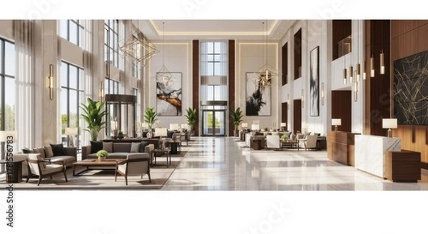 Fototapeta Elegant Modern Lobby Spacious Bright Natural Light High Ceilings Contemporary Style