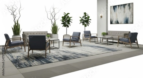 Obraz Modern Lounge Area with Blue and Gray Chairs and Indoor Plants in Minimalist Office Space