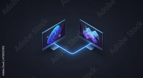Obraz Diverse Remote Team Working Illustration of Two Connected Monitors Facing Each Other