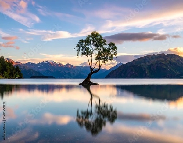 Fototapeta Serene landscape lone tree grows in tranquil lake with mountains