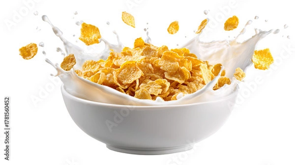 Fototapeta Pouring milk into the white bowl with healthy chocolate granola, breakfast time, splashes