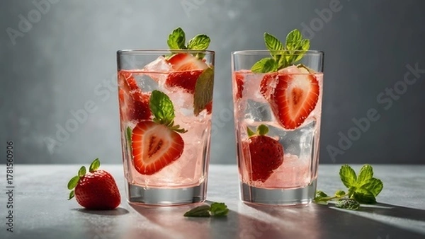 Obraz Refreshing strawberry mint infusion with ice and sparkling water in summer light