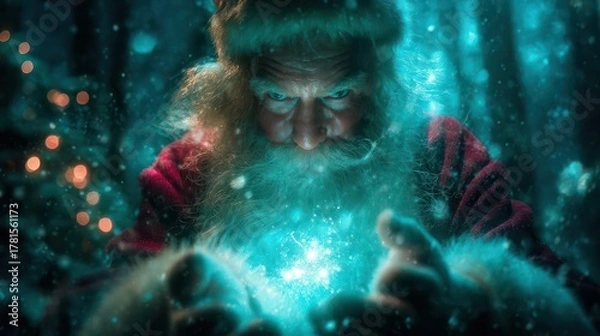 Fototapeta Mysterious glowing blue energy emanating from a person s hands in a dark enchanted forest setting