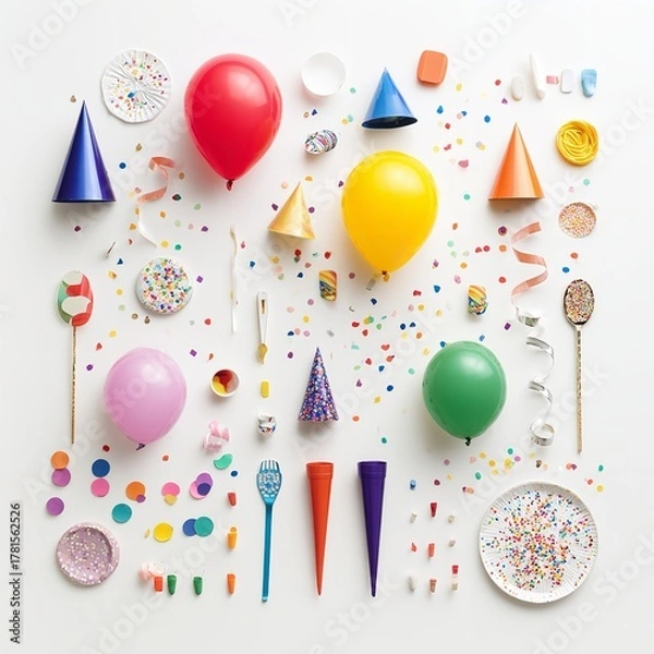 Obraz Flat lay of colorful party decorations including balloons hats and confetti on white background