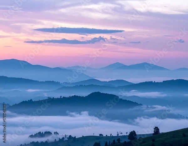 Fototapeta Serene panoramic view of layered mountains and clouds at dusk