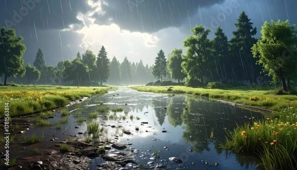 Fototapeta Rain-swept forest clearing with a stream