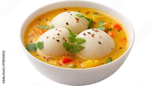 Fototapeta A plate of idli with a small bowl of red sauce and basil garnishings