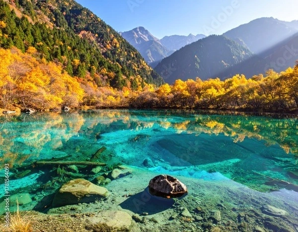 Obraz Tranquil alpine lake, autumn foliage reflects in crystal-clear water