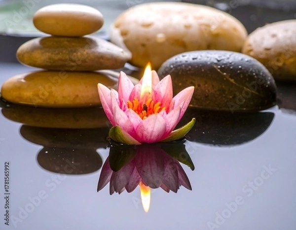 Fototapeta Serene scene with pink flower, stacked stones, and reflection
