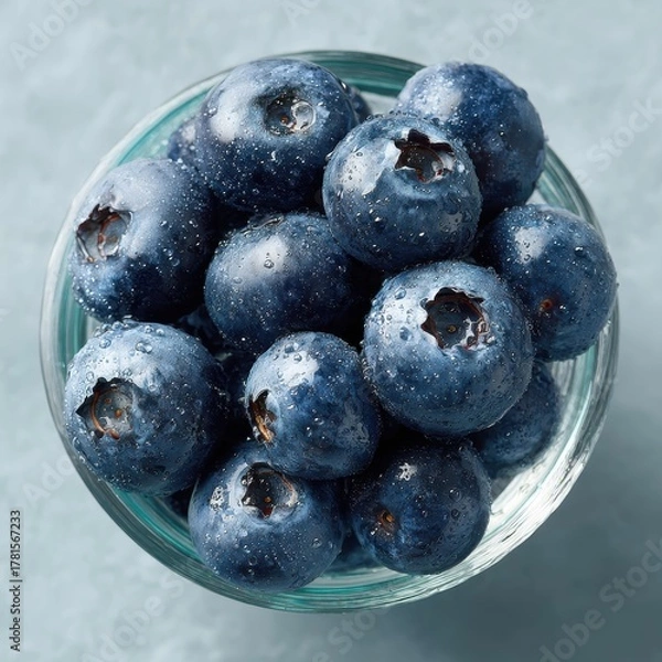 Fototapeta Fresh Blueberries in Clear Bowl with Water Droplets on Surface