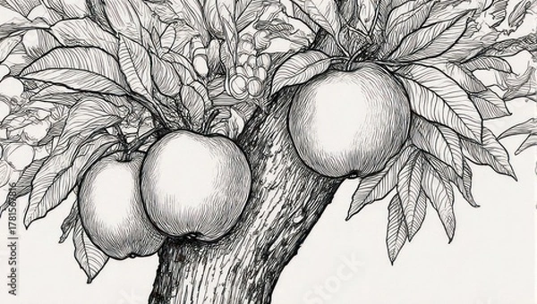 Fototapeta Apple Tree Sketch - Detailed Drawing of Fruit and Foliage.