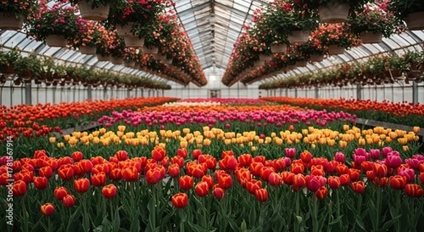 Fototapeta A vibrant array of colorful blooming flowers flourishing within a sunlit greenhouse, creating a serene botanical sanctuary ,flora ,nature ,thriving