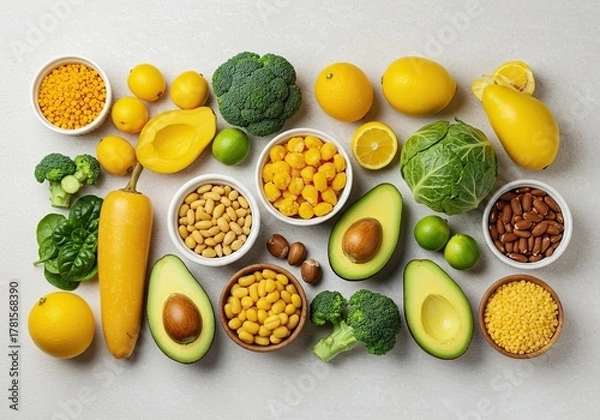 Fototapeta A vibrant array of yellow plant-based foods arranged artfully, symbolizing healthy eating choices and a delicious vegetarian lifestyle ,bright ,food ,natural