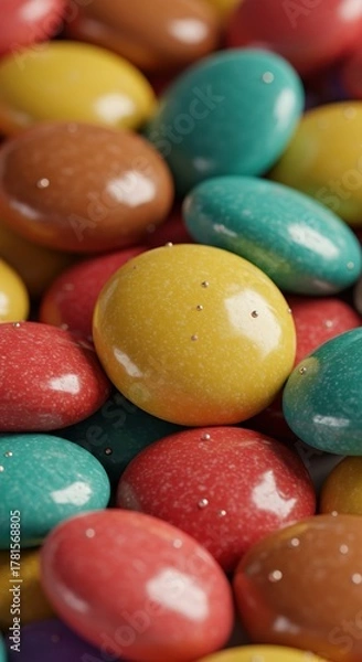 Fototapeta A vibrant assortment of glossy, sugar-coated treats, each piece reflecting light with an irresistible shimmer. Perfect for sweet cravings ,dessert ,shiny ,crystal