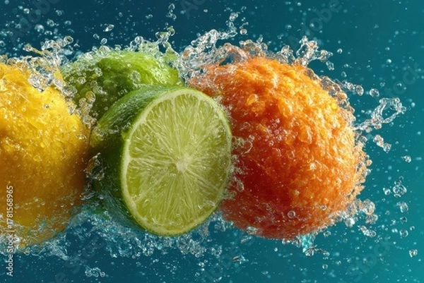Fototapeta Fresh Citrus Fruits Splashing in Water with Vibrant Colors