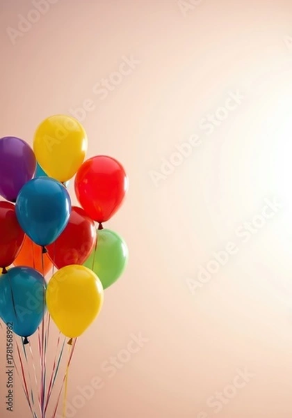 Fototapeta A vibrant assortment of inflated, multi-colored balloons gently ascends against a soft, bright background, symbolizing joy and celebration ,helium ,cluster ,decoration