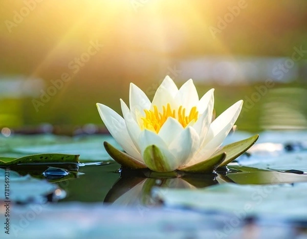 Fototapeta Serene white water lily with yellow center, basking in sunlight on water