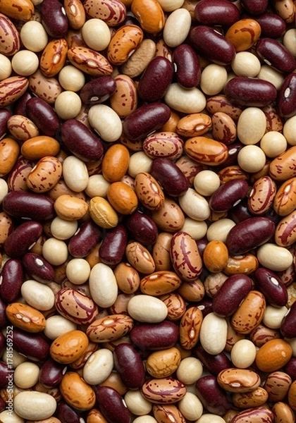 Fototapeta A vibrant assortment of various dried beans creating a rich, textured, and natural food background, perfect for culinary themes ,plant-based ,kidney ,lentils