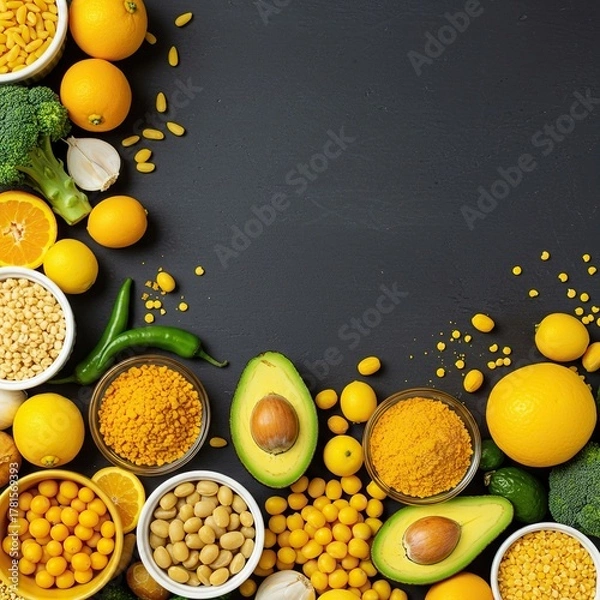 Fototapeta A vibrant assortment of yellow plant-based ingredients creating a wholesome and appealing meal, full of natural color and nutrition ,flavorful ,organic ,mindful eating