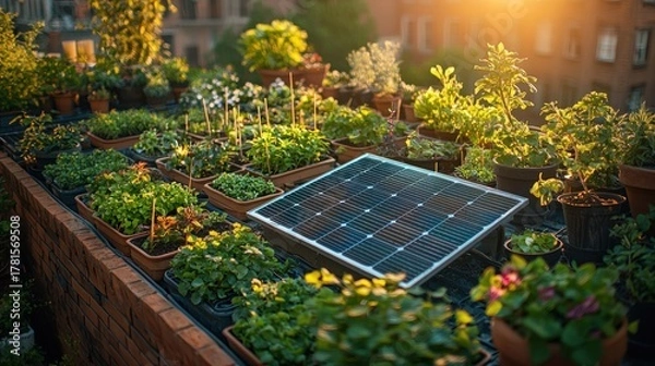 Fototapeta Rooftop garden with solar panel at sunset.