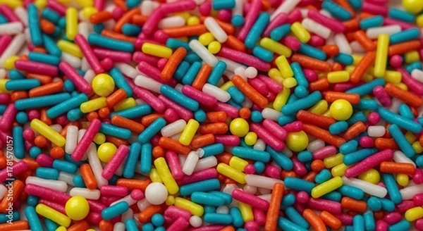 Fototapeta A vibrant close-up captures an abundance of colorful rainbow sprinkles, perfect for adding a festive touch to any sweet dessert or baked good ,party ,candy ,icing