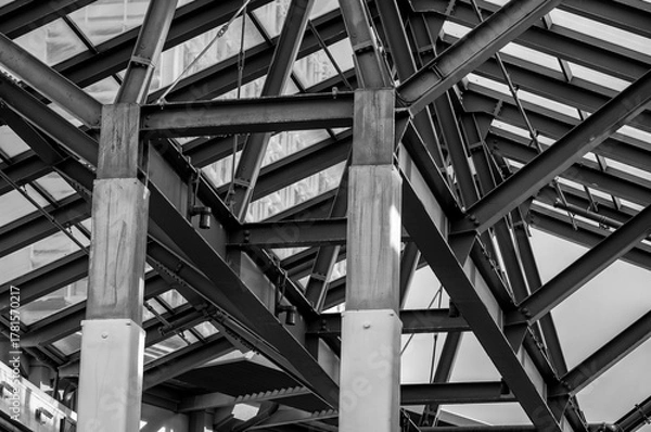 Fototapeta Cantilever Engineering Metal Roof Structure in Black and White.