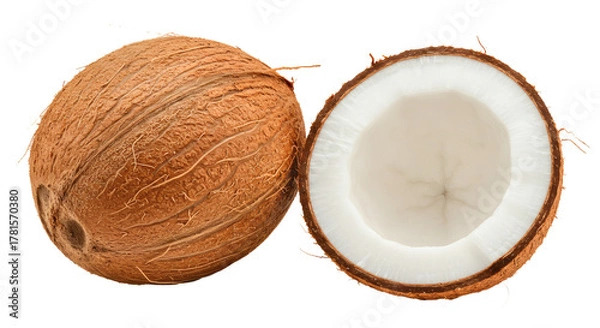 Fototapeta Coconut tropical fruit whole and half cut fresh coconut healthy food ingredient brown shell white flesh on transparent background