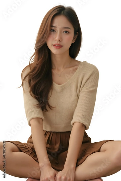 Fototapeta A captivating studio portrait of a young Asian woman with a serene expression, sitting cross-legged.